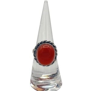 Sterling Silver 925 Red Carnelian Oval Cabochon Rope Border Ring Size 6.25